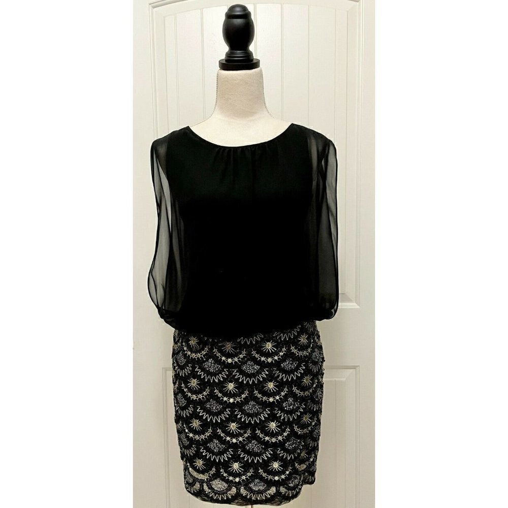 Women's Aidan Mattox Black Chiffon Blouson Bodice Sequin Embroidered Dress Sz 4